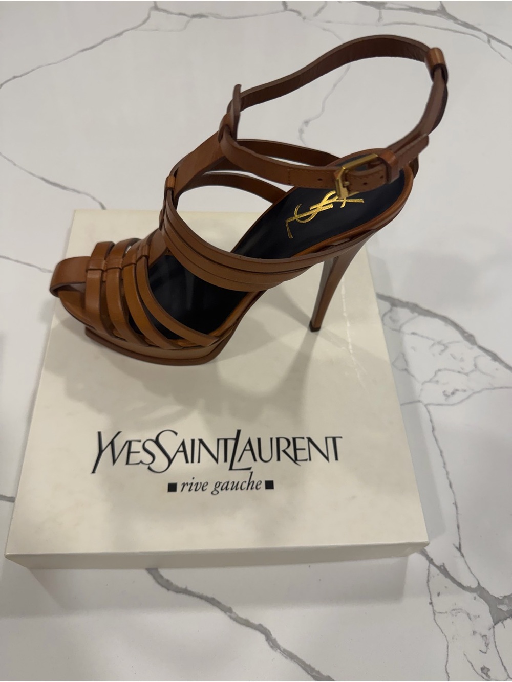 Yves Saint Laurent Tan Leather Strappy Stiletto Sandals